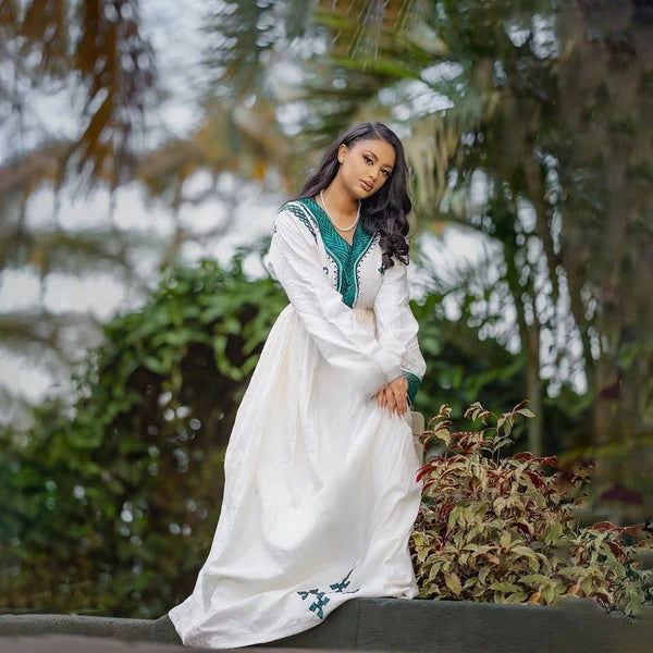 Melat - Emerald Green Handwoven Habesha Kemis | Classic Traditional Ethiopian Dress Hab267