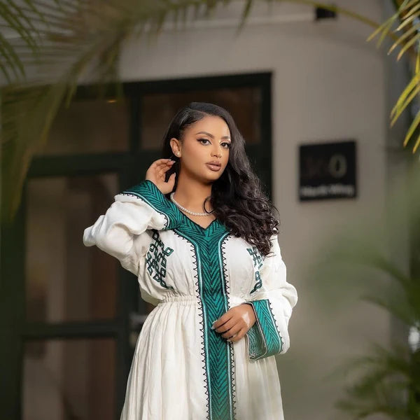 Melat - Emerald Green Handwoven Habesha Kemis | Classic Traditional Ethiopian Dress Hab267