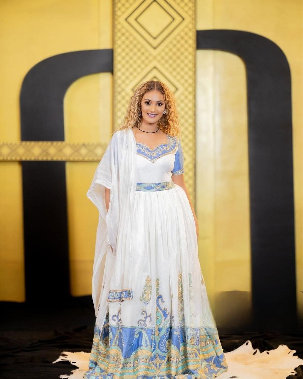 SARON ELEGANT ETHIOPIAN DRESS | BLUE AND GOLD ACCENT HABESHA KEMIS | MODERN HABESHA DRESS