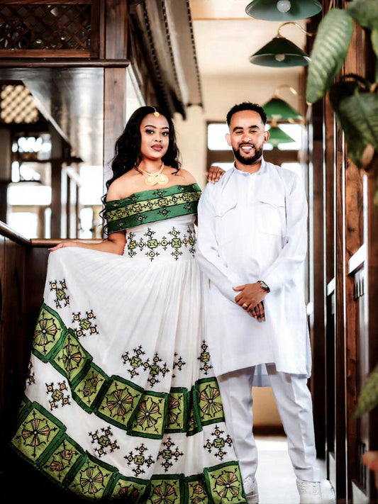 HABESHA KEMIS – ELEGANT COUPLE SET – TRADITIONAL ETHIOPIAN DRESS