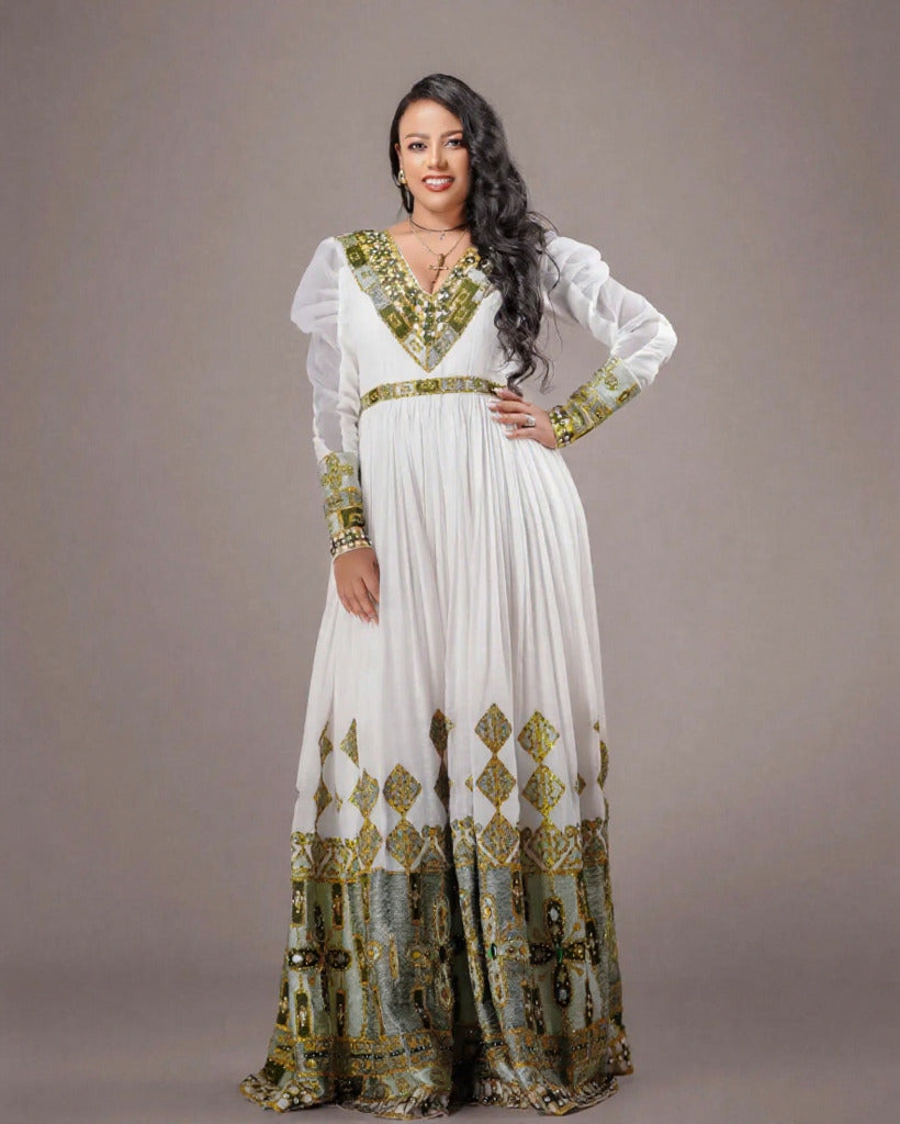 ADEY EXQUISITE HANDWORK HABESHA KEMIS | GREEN-GOLD BRIDAL HABESHA DRESS | ETHIOPIAN DRESS FOR WEDDING