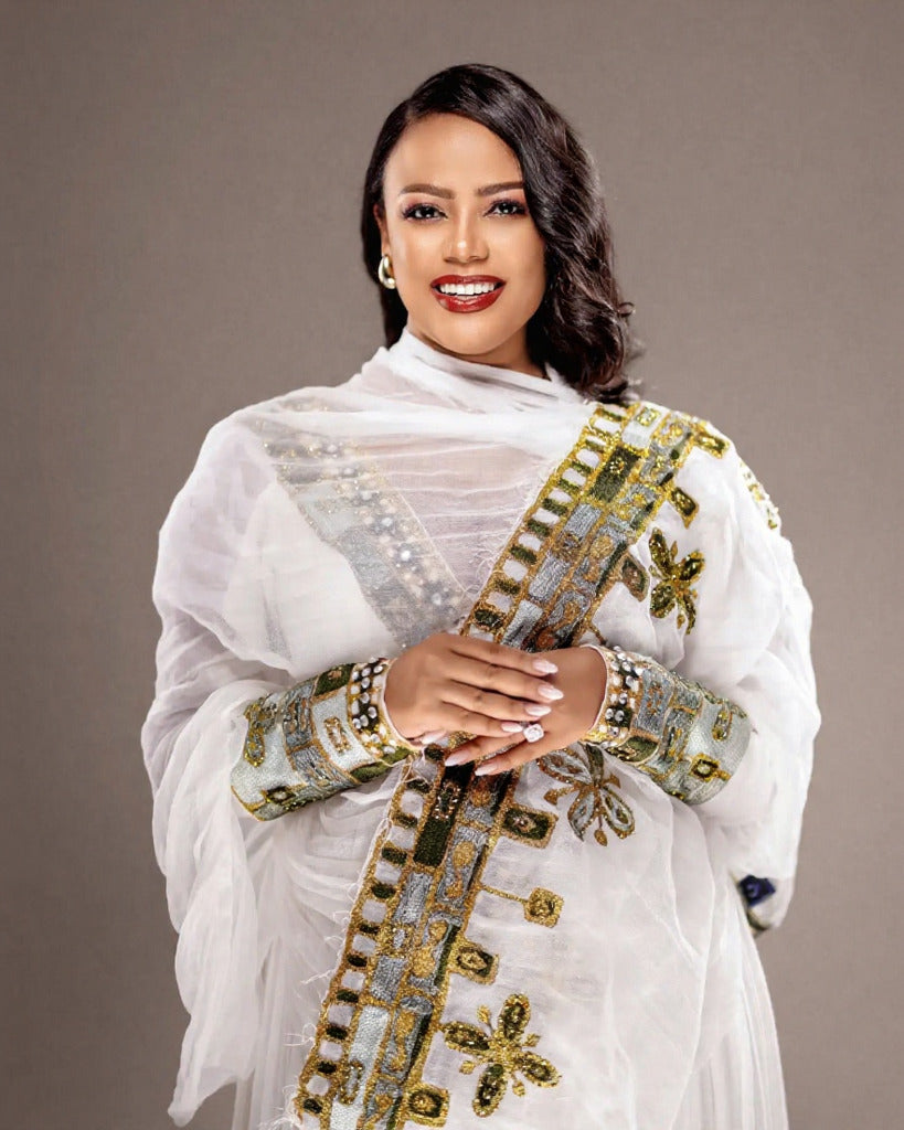ADEY EXQUISITE HANDWORK HABESHA KEMIS | GREEN-GOLD BRIDAL HABESHA DRESS | ETHIOPIAN DRESS FOR WEDDING