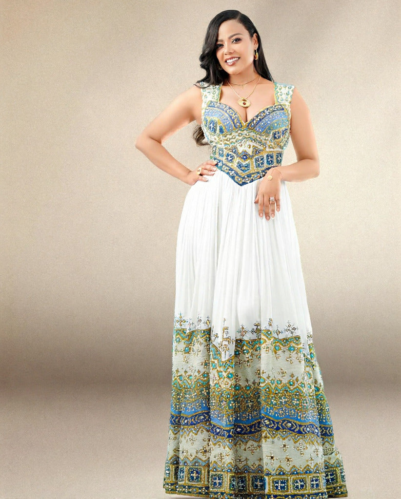 AJEBUSH PREMIUM HABESHA KEMIS | CULTURAL ETHIOPIAN WEDDING DRESS | HANDCRAFTED HABESHA DRESS