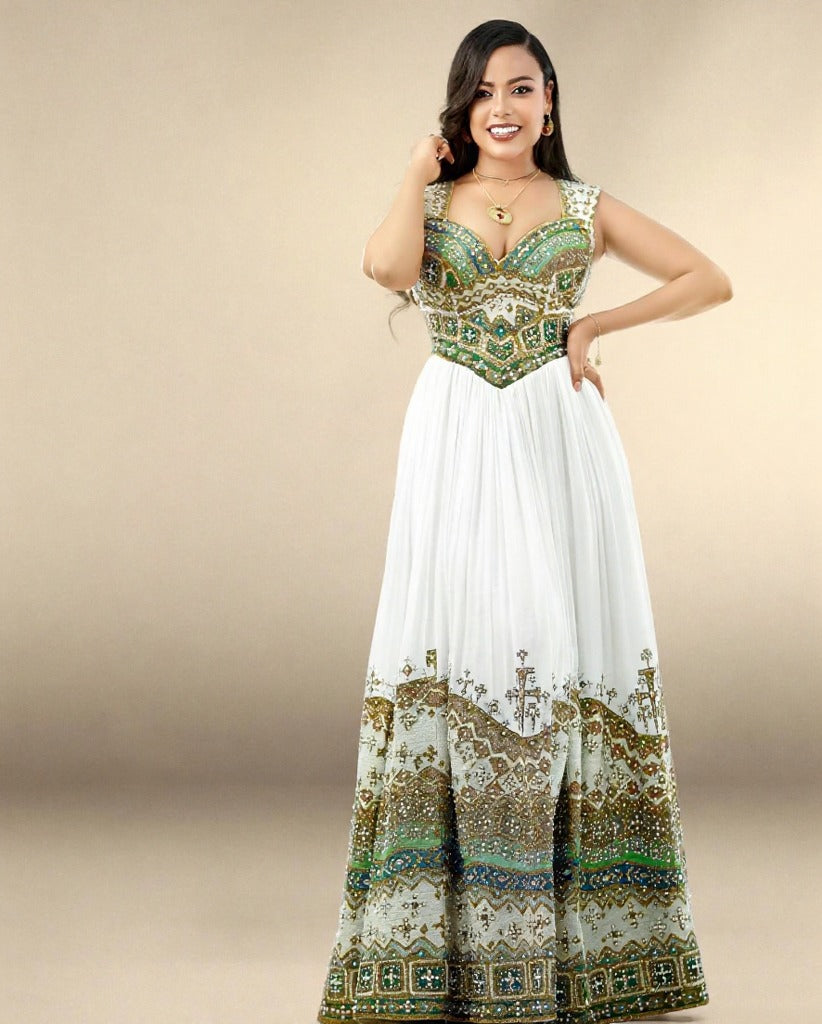 AJEBUSH PREMIUM HABESHA KEMIS | CULTURAL ETHIOPIAN WEDDING DRESS | HANDCRAFTED HABESHA DRESS