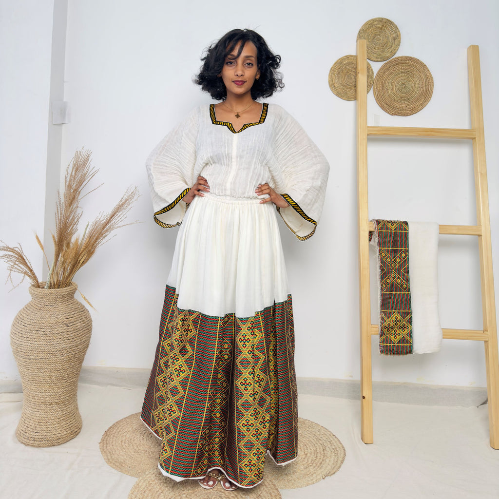 White Ethiopian Dress | Brown Diamond Tibeb Skirt | Handwoven Cotton | Elegant Cultural Wear Hab212