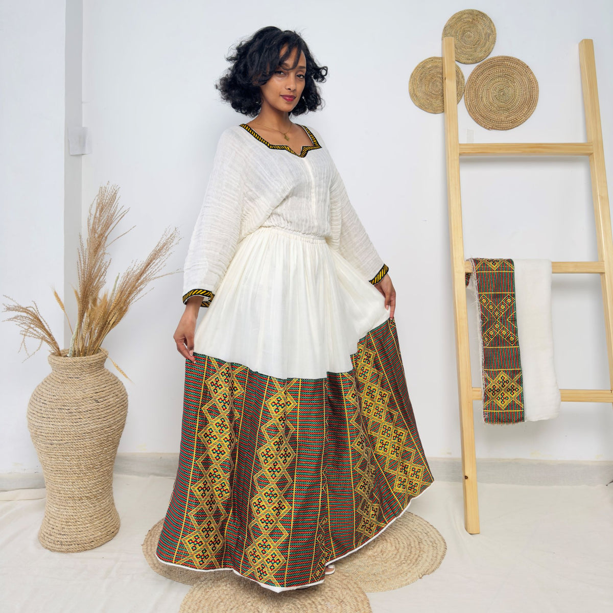 White Ethiopian Dress | Brown Diamond Tibeb Skirt | Handwoven Cotton | Elegant Cultural Wear Hab212
