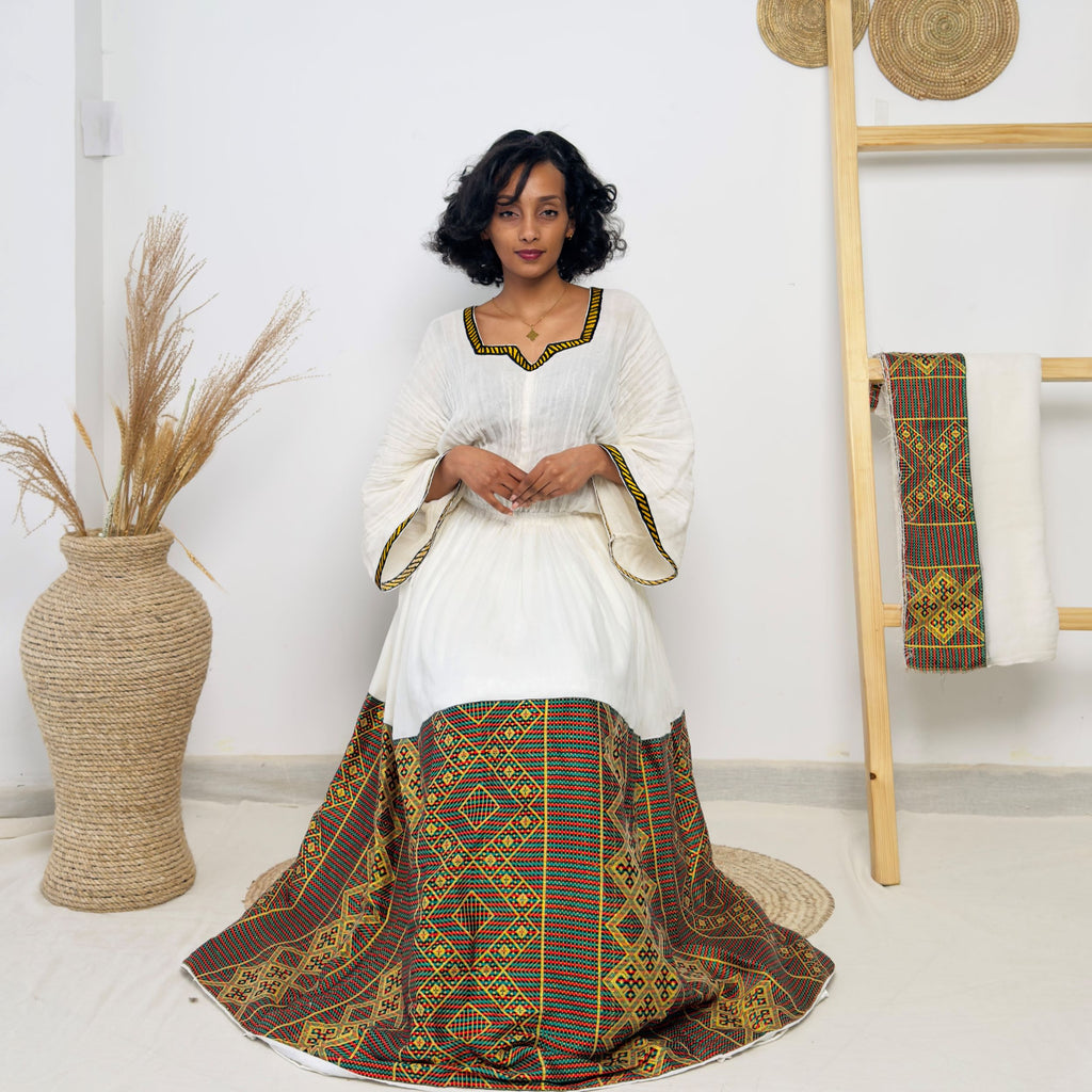 White Ethiopian Dress | Brown Diamond Tibeb Skirt | Handwoven Cotton | Elegant Cultural Wear Hab212