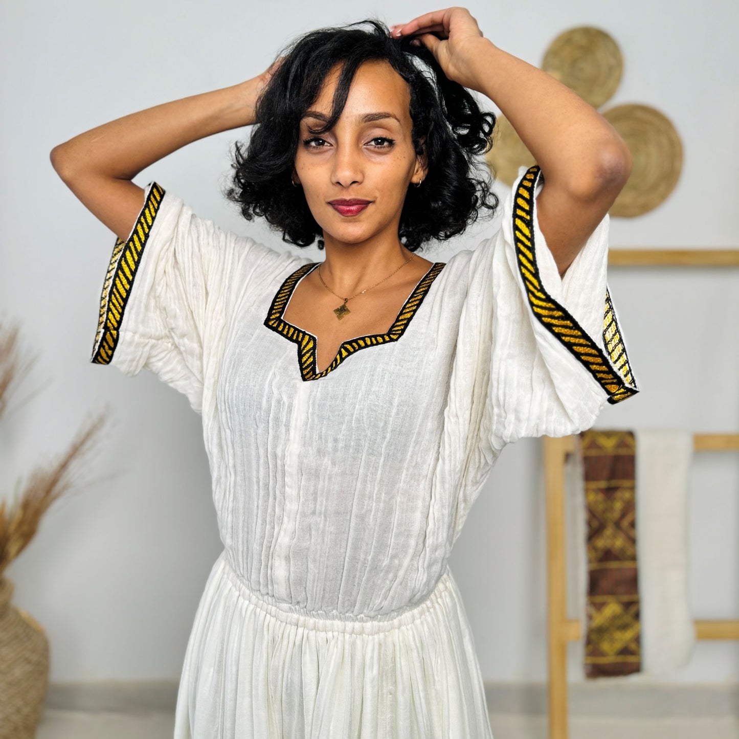 White Ethiopian Dress | Brown Diamond Tibeb Skirt | Handwoven Cotton | Elegant Cultural Wear Hab212