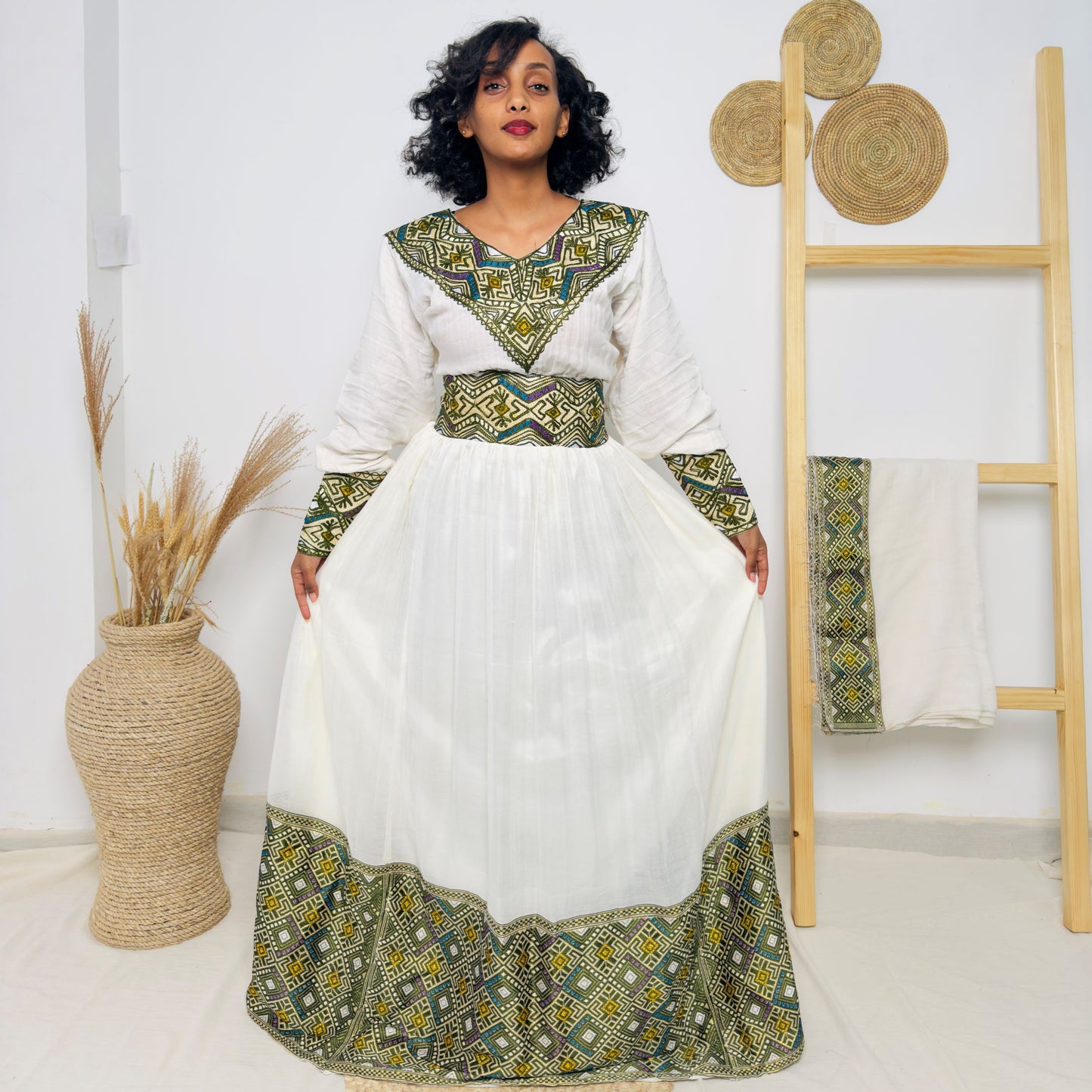 Ethiopian Handwoven White Dress | Olive Green & Mustard Tibeb Accents | Modern Habesha Kemis Hab208