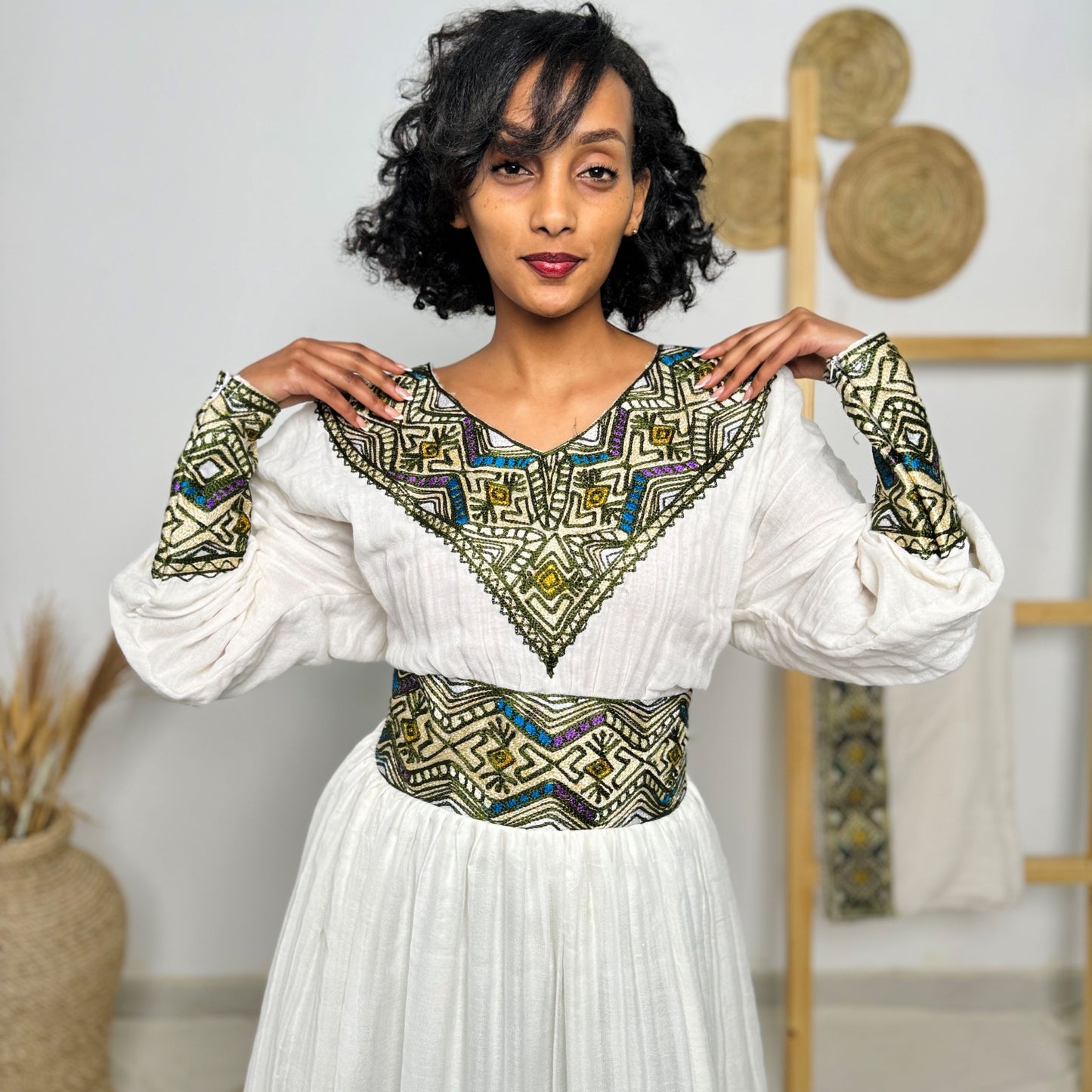 Ethiopian Handwoven White Dress | Olive Green & Mustard Tibeb Accents | Modern Habesha Kemis Hab208