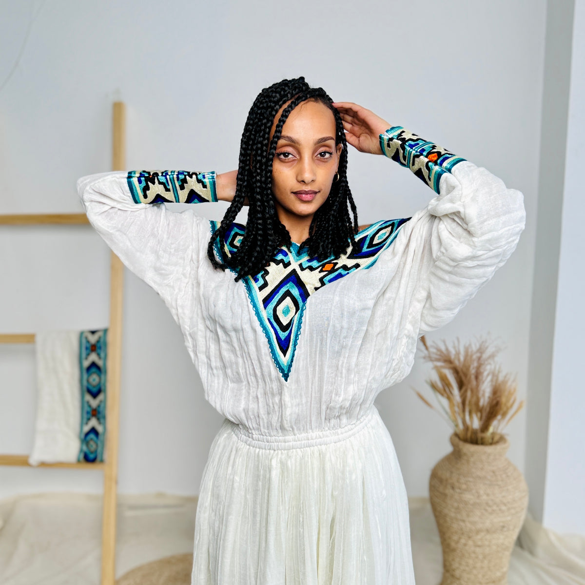 Blue Habesha Kemis with Diamond like Patterns Hab01