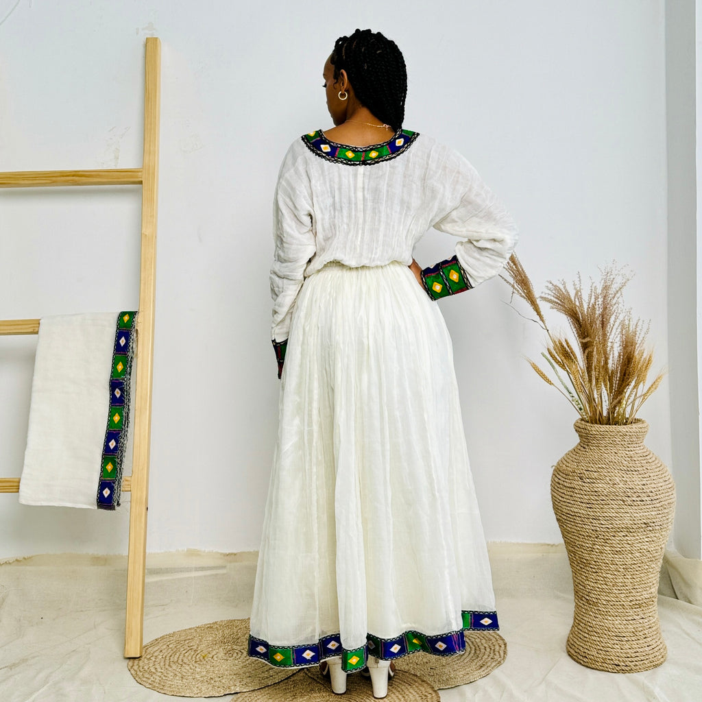 Blue and Green Habesha Dress Small Patterns Ethiopian Dress Hab02
