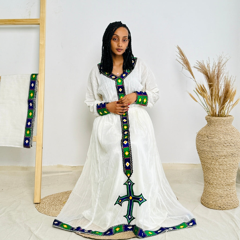 Blue and Green Habesha Dress Small Patterns Ethiopian Dress Hab02