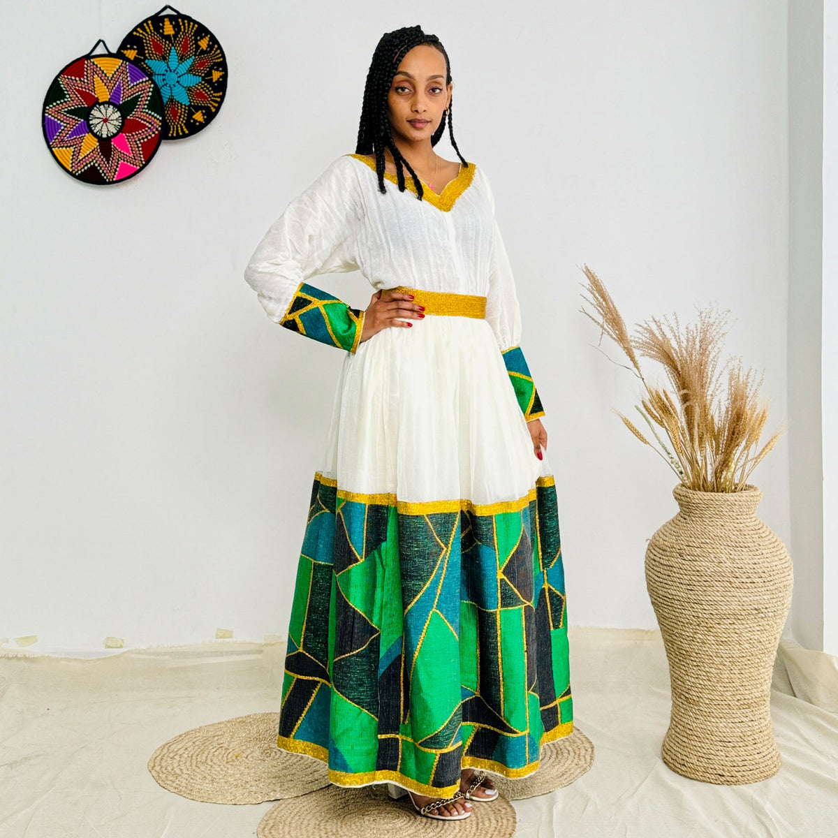Habesha Dress | Radiant Green Embroidery | Celebrations Dress | Traditional Handcrafted Design Hab86