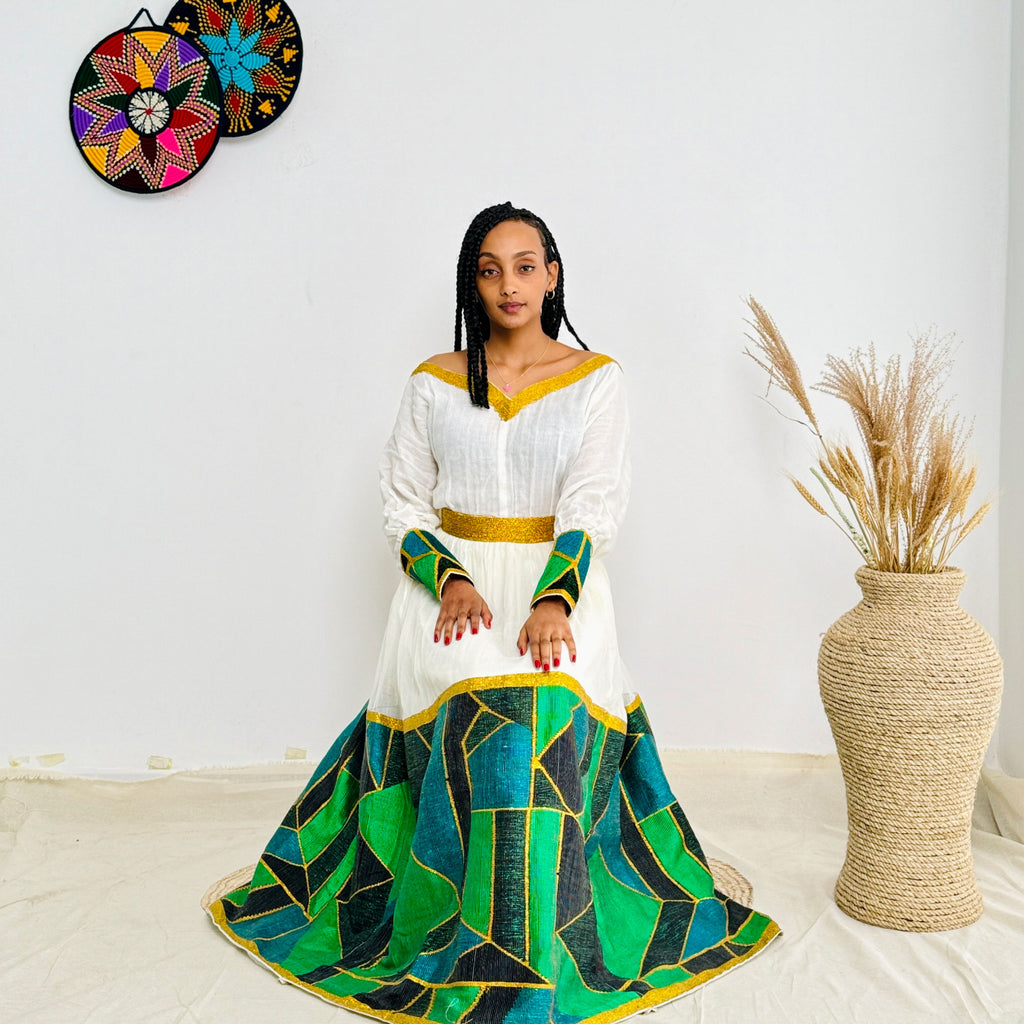 Habesha Dress | Radiant Green Embroidery | Celebrations Dress | Traditional Handcrafted Design Hab86