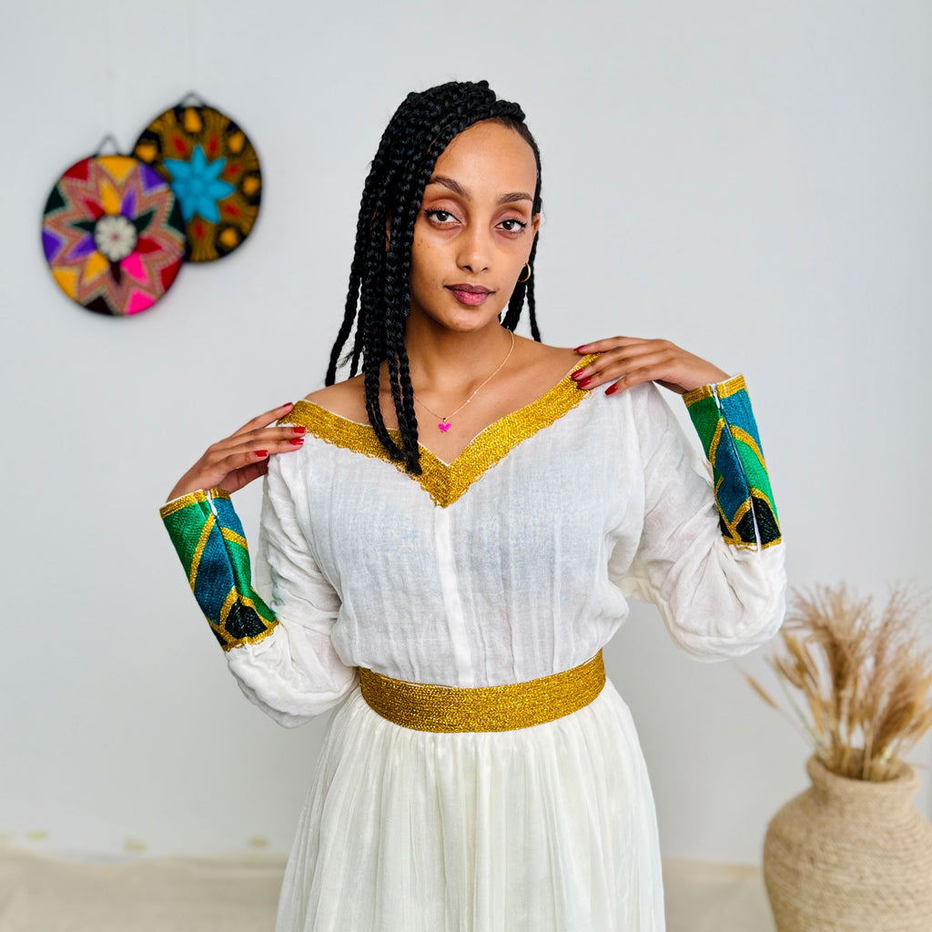 Habesha Dress | Radiant Green Embroidery | Celebrations Dress | Traditional Handcrafted Design Hab86