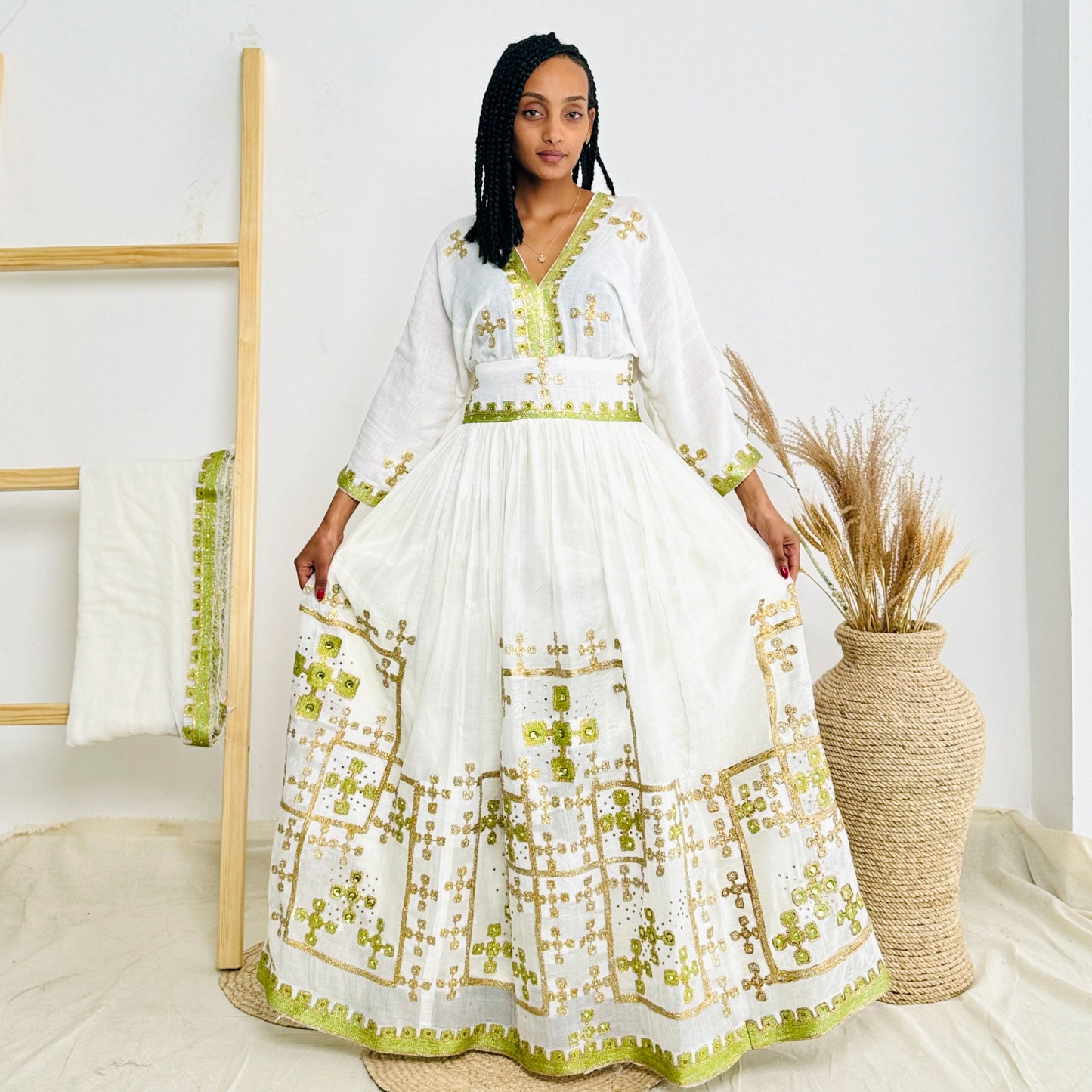 Lemon Sparkly Habesha Dress with Elegant Detailing Habesha Kemis Design Hab53