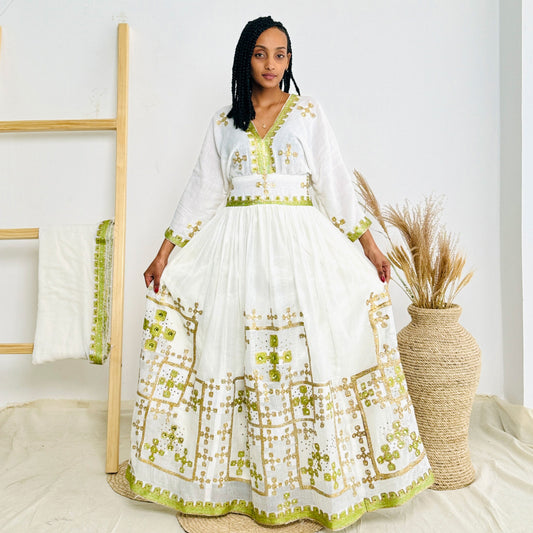 Lemon Sparkly Habesha Dress with Elegant Detailing Habesha Kemis Design Hab53