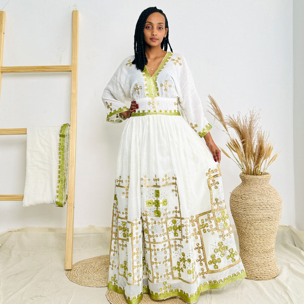 Lemon Sparkly Habesha Dress with Elegant Detailing Habesha Kemis Design Hab53