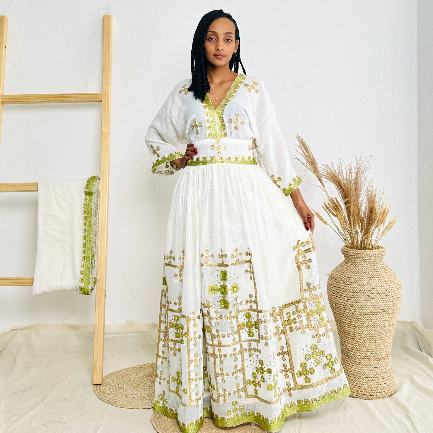 Lemon Sparkly Habesha Dress with Elegant Detailing Habesha Kemis Design Hab53