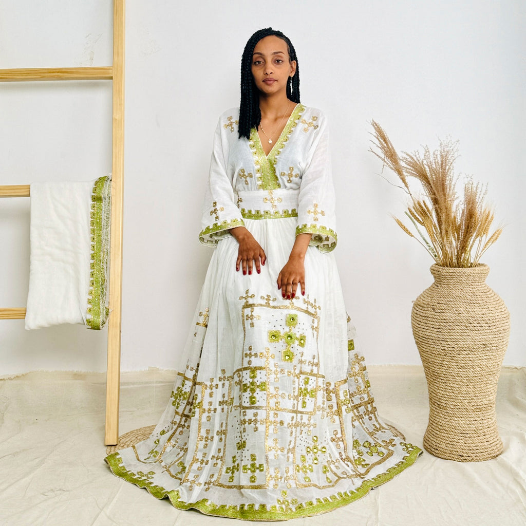 Lemon Sparkly Habesha Dress with Elegant Detailing Habesha Kemis Design Hab53