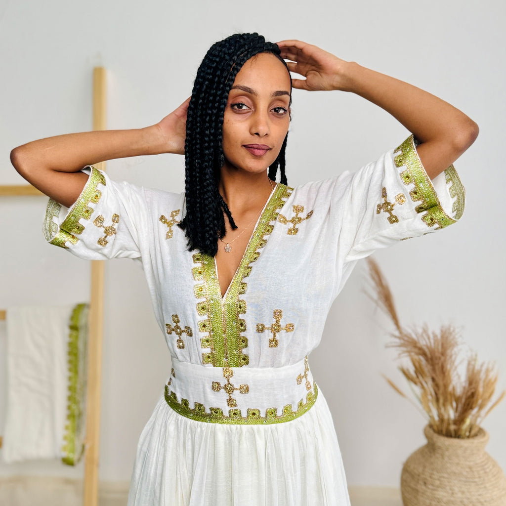 Lemon Sparkly Habesha Dress with Elegant Detailing Habesha Kemis Design Hab53