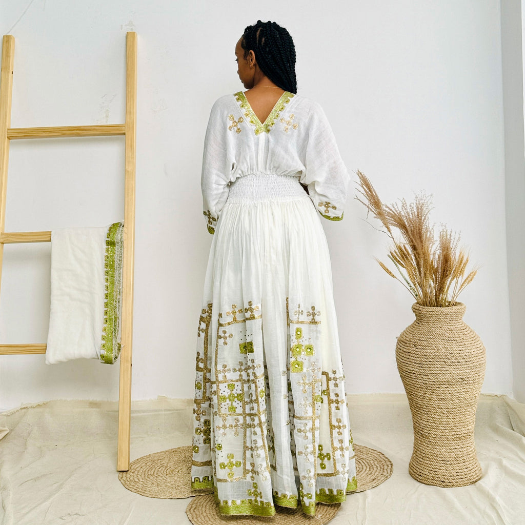 Lemon Sparkly Habesha Dress with Elegant Detailing Habesha Kemis Design Hab53