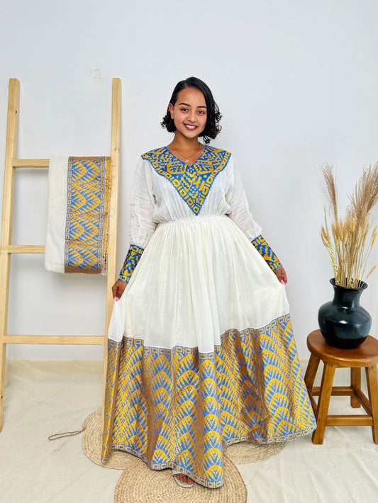 Ethiopian Dress | Gold and Blue Elegance | Weddings and Celebrations | 100% Handcrafted Habesha Dress Hab87