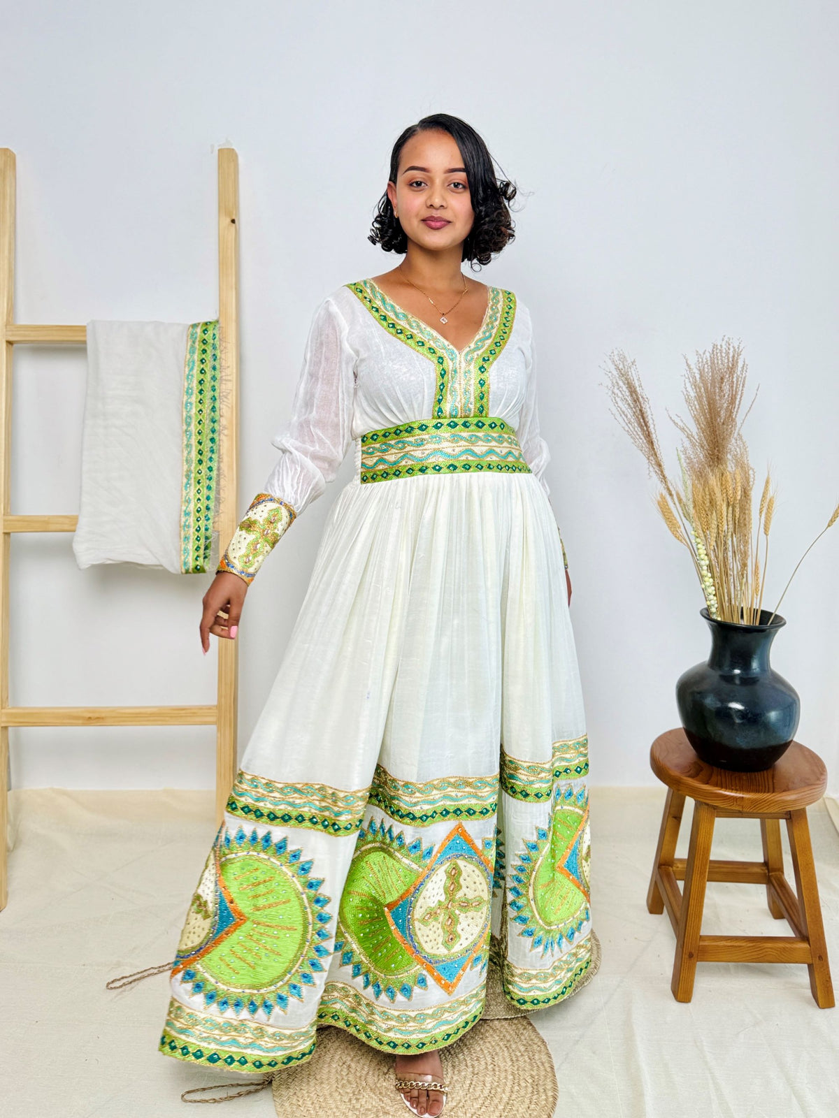Ethiopian Handwoven Habesha Kemis | Fresh Green & Gold Tibeb | Effortlessly Elegant Hab147