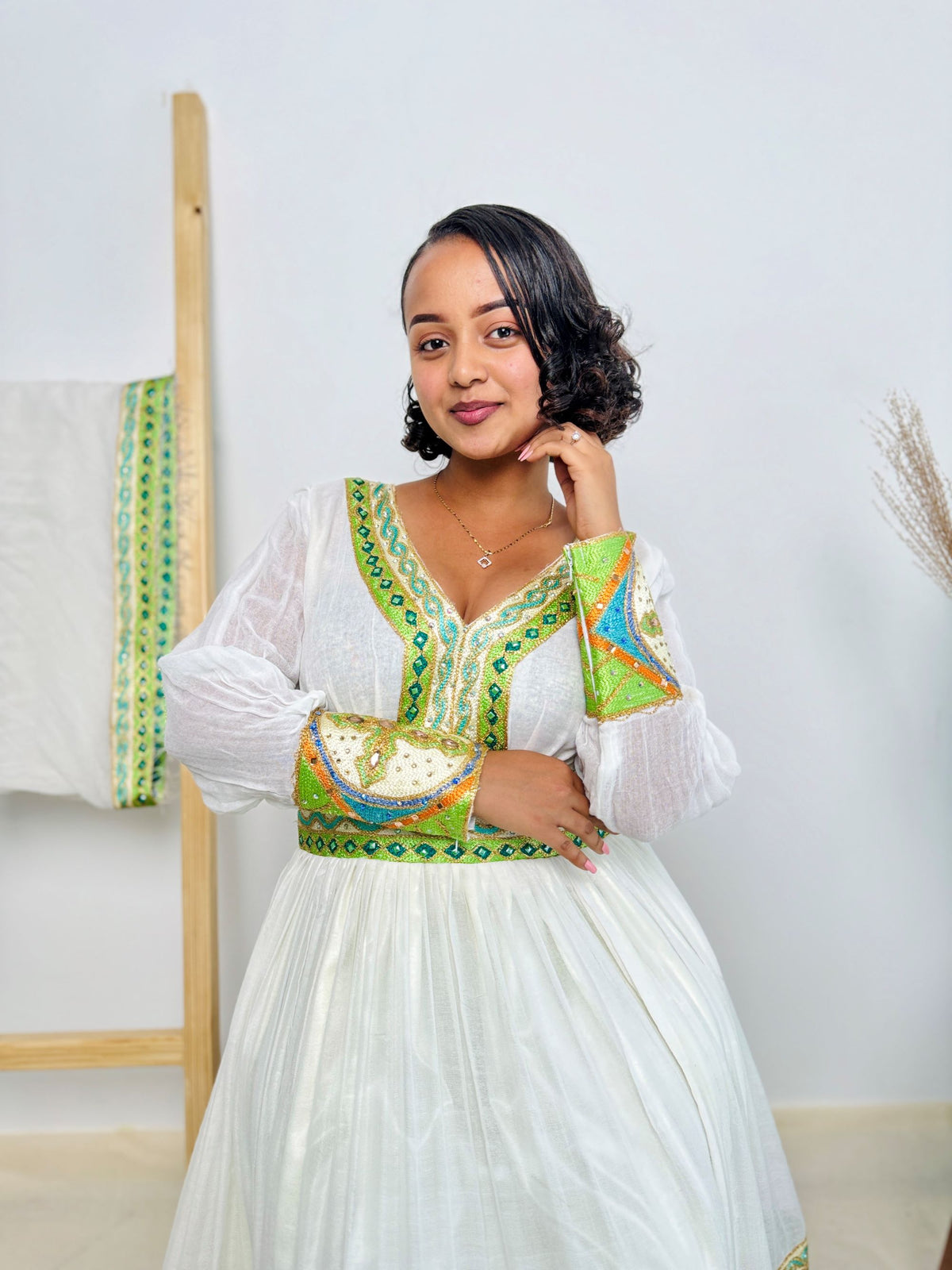 Ethiopian Handwoven Habesha Kemis | Fresh Green & Gold Tibeb | Effortlessly Elegant Hab147