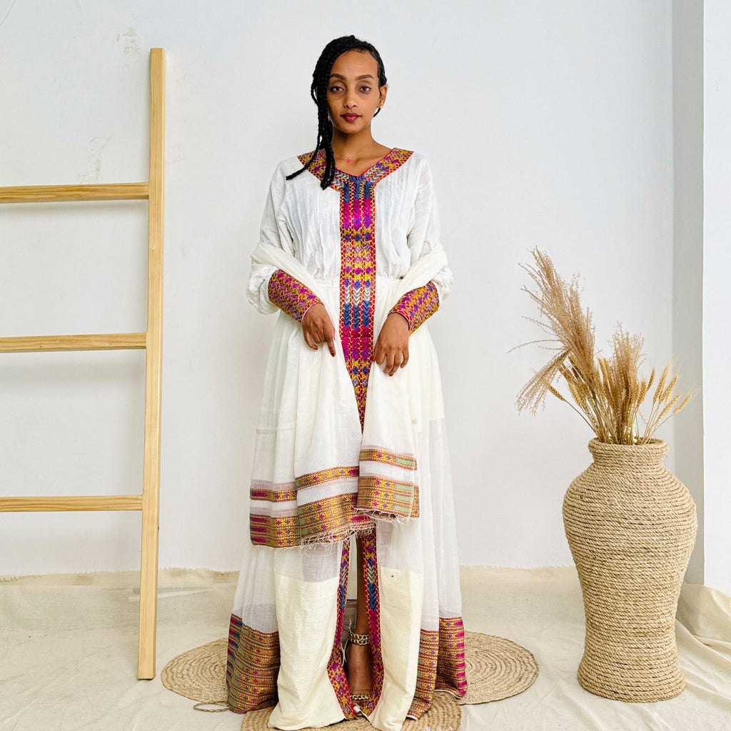 Vibrant Modern Habesha Kemis Elegant Ethiopian Dress Hab41