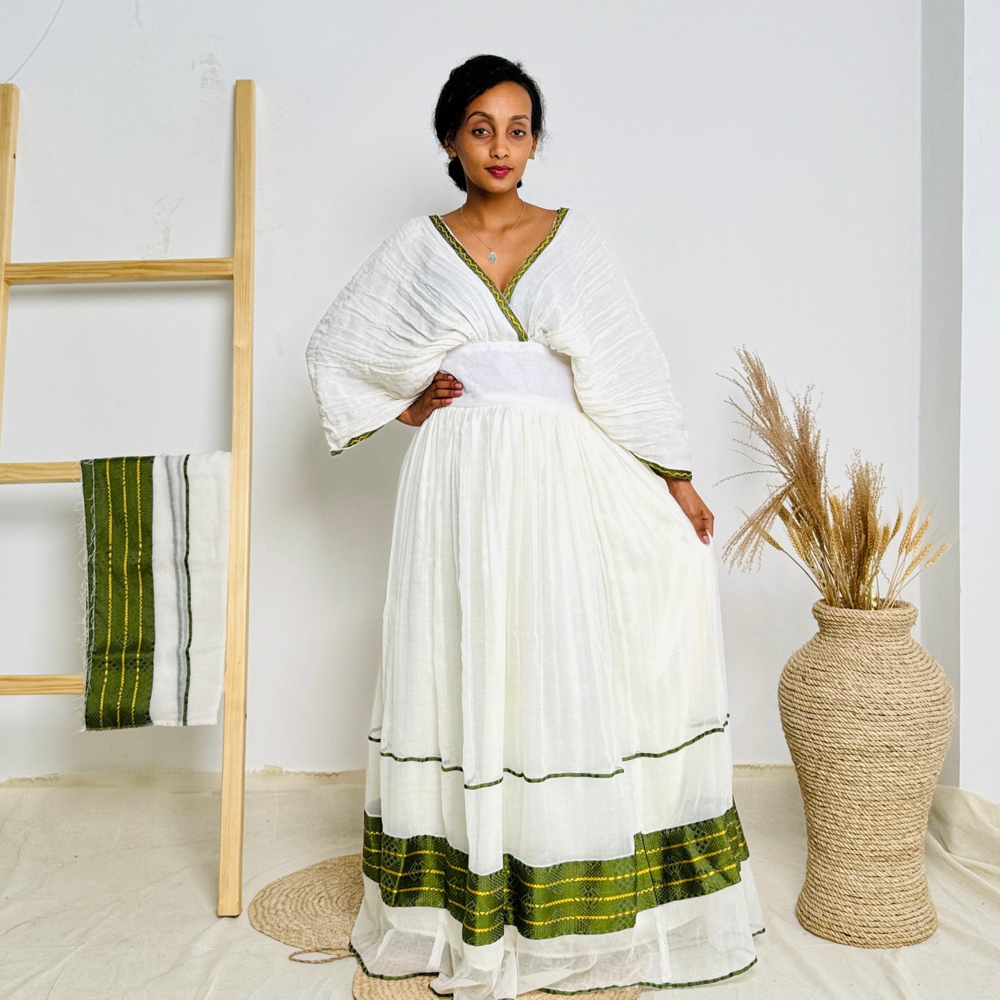 Ethiopian Dress | Minimalist Habesha Dress | Timeless Style with Green Accents | Habesha Dress Hab103