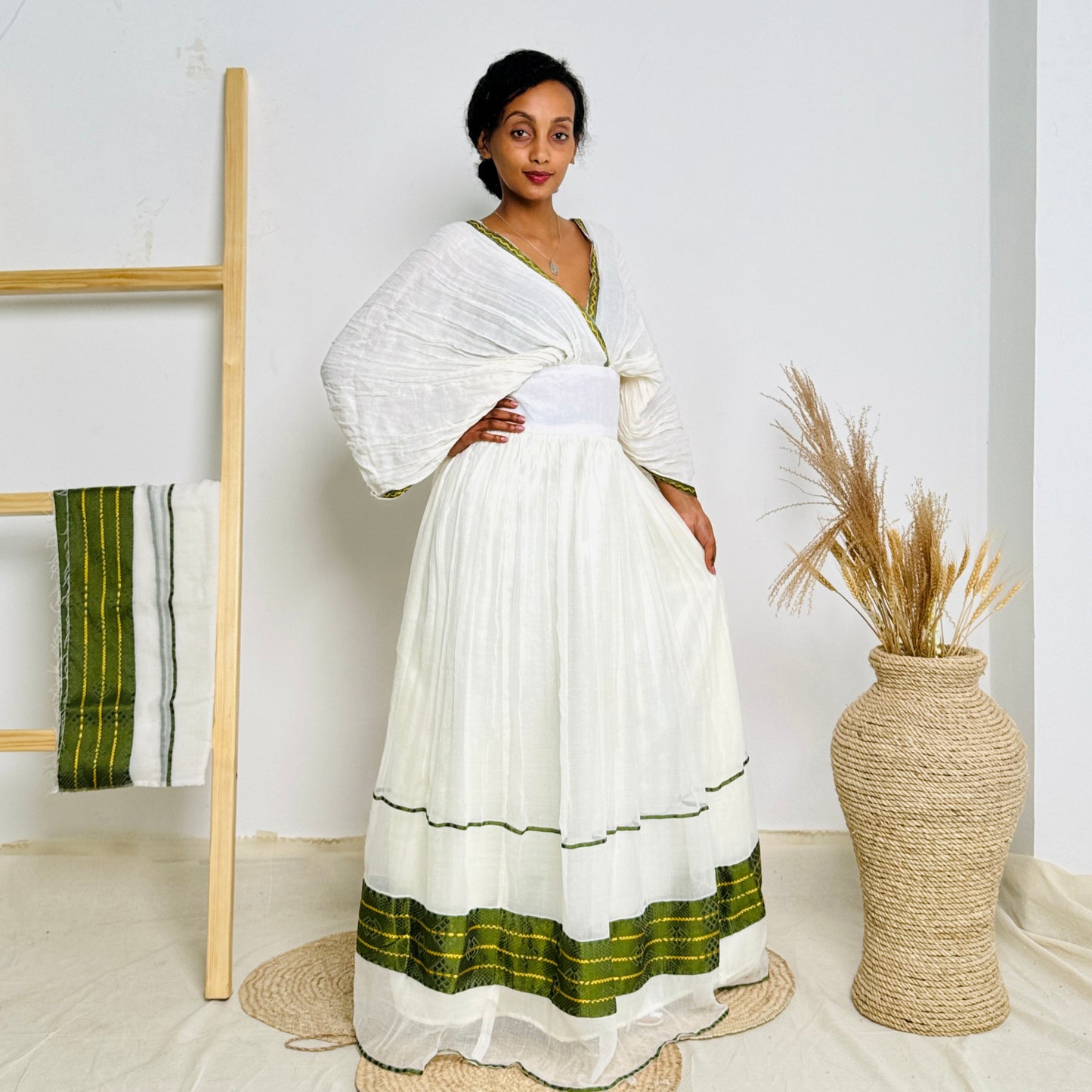 Ethiopian Dress | Minimalist Habesha Dress | Timeless Style with Green Accents | Habesha Dress Hab103
