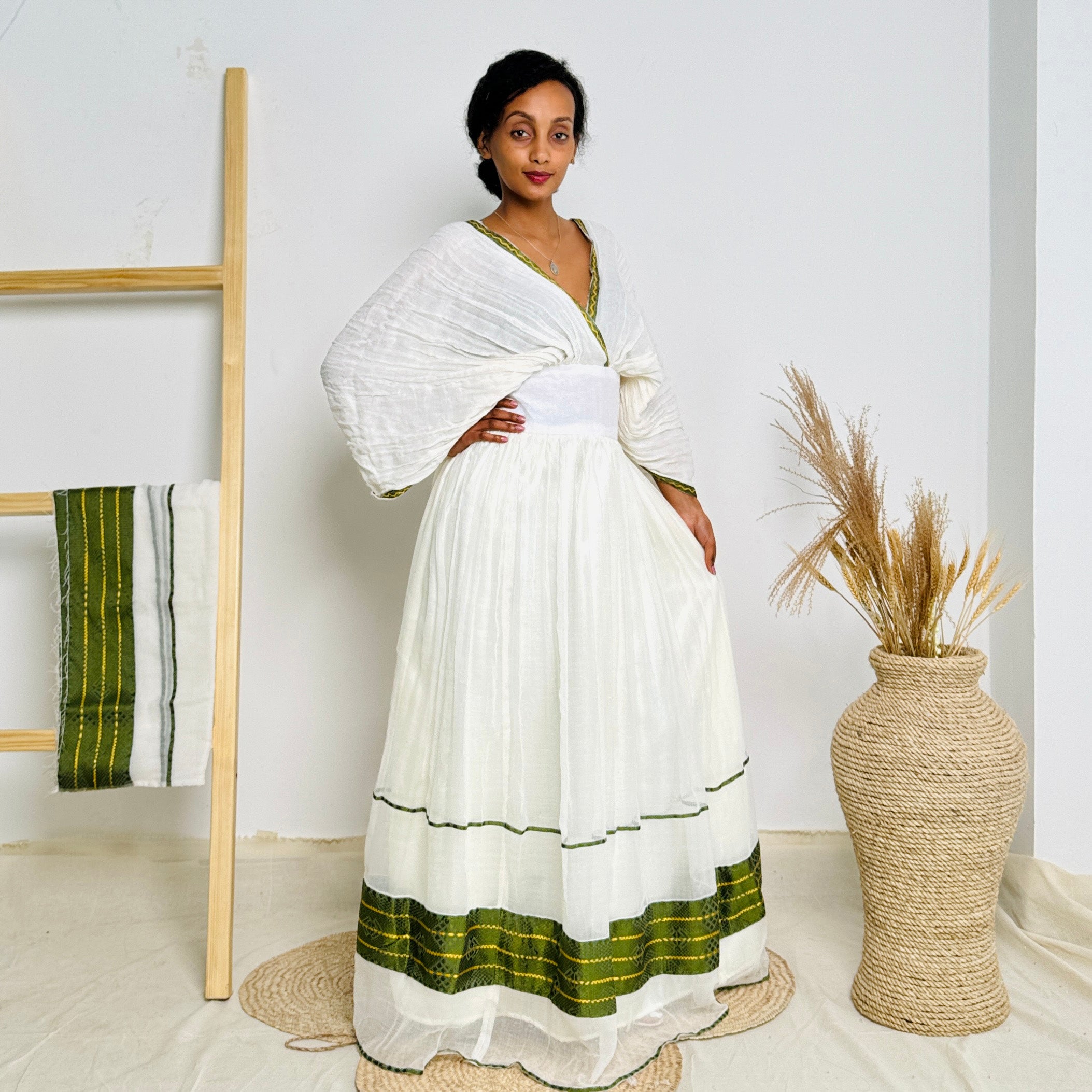 Ethiopian Dress | Minimalist Habesha Dress | Timeless Style with Green Accents | Habesha Dress Hab103