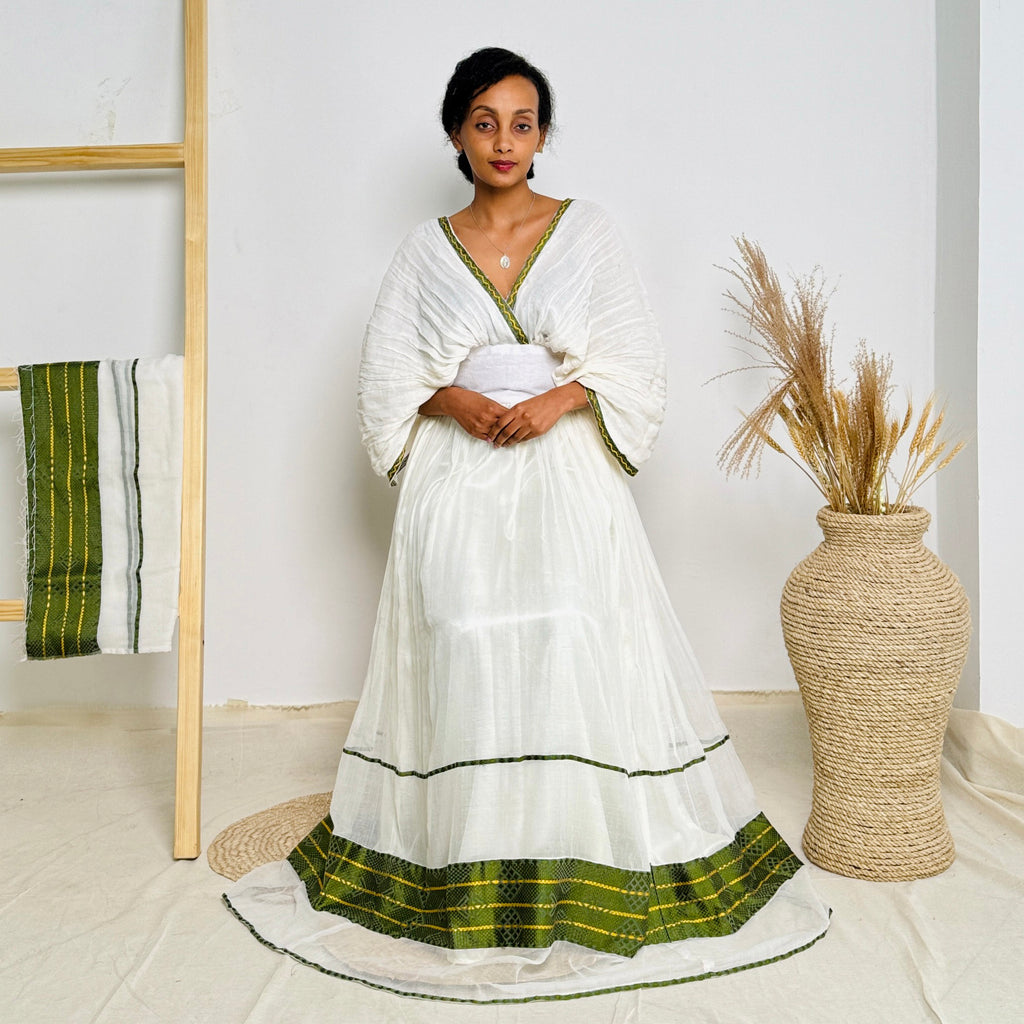 Ethiopian Dress | Minimalist Habesha Dress | Timeless Style with Green Accents | Habesha Dress Hab103