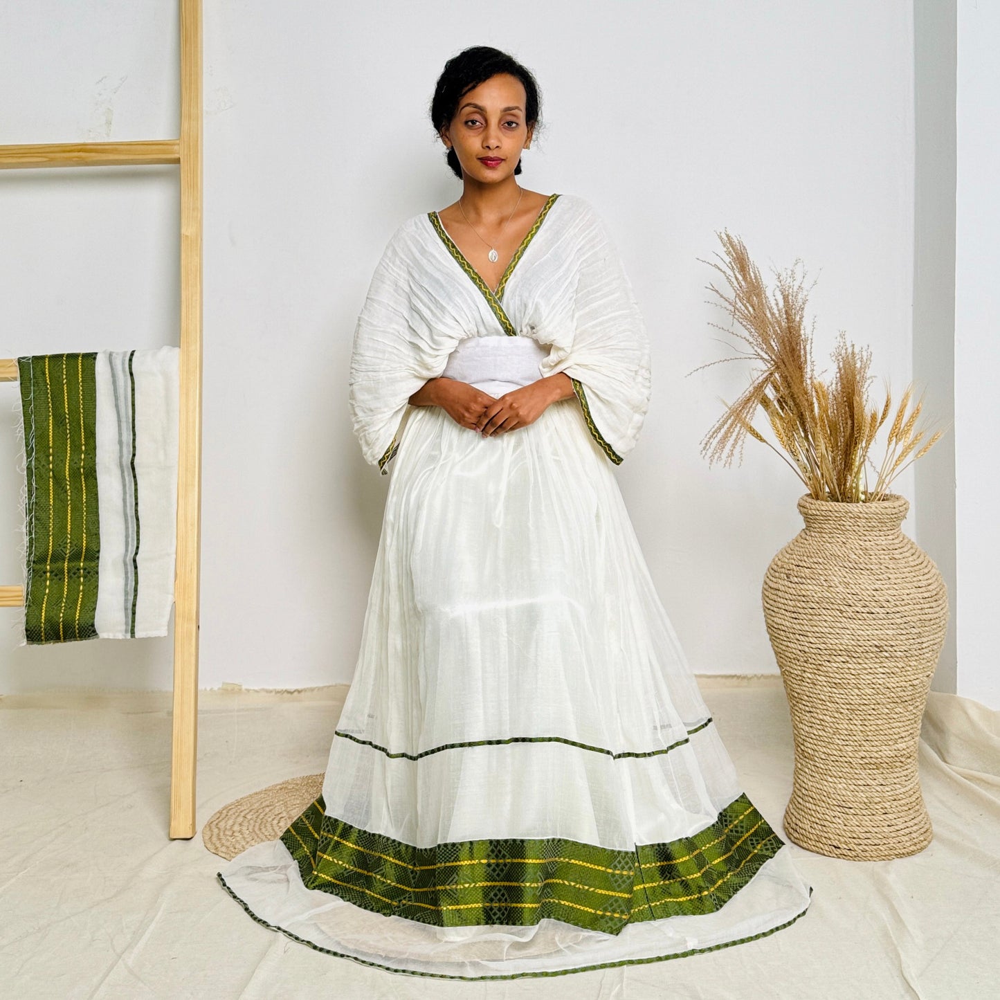 Ethiopian Dress | Minimalist Habesha Dress | Timeless Style with Green Accents | Habesha Dress Hab103