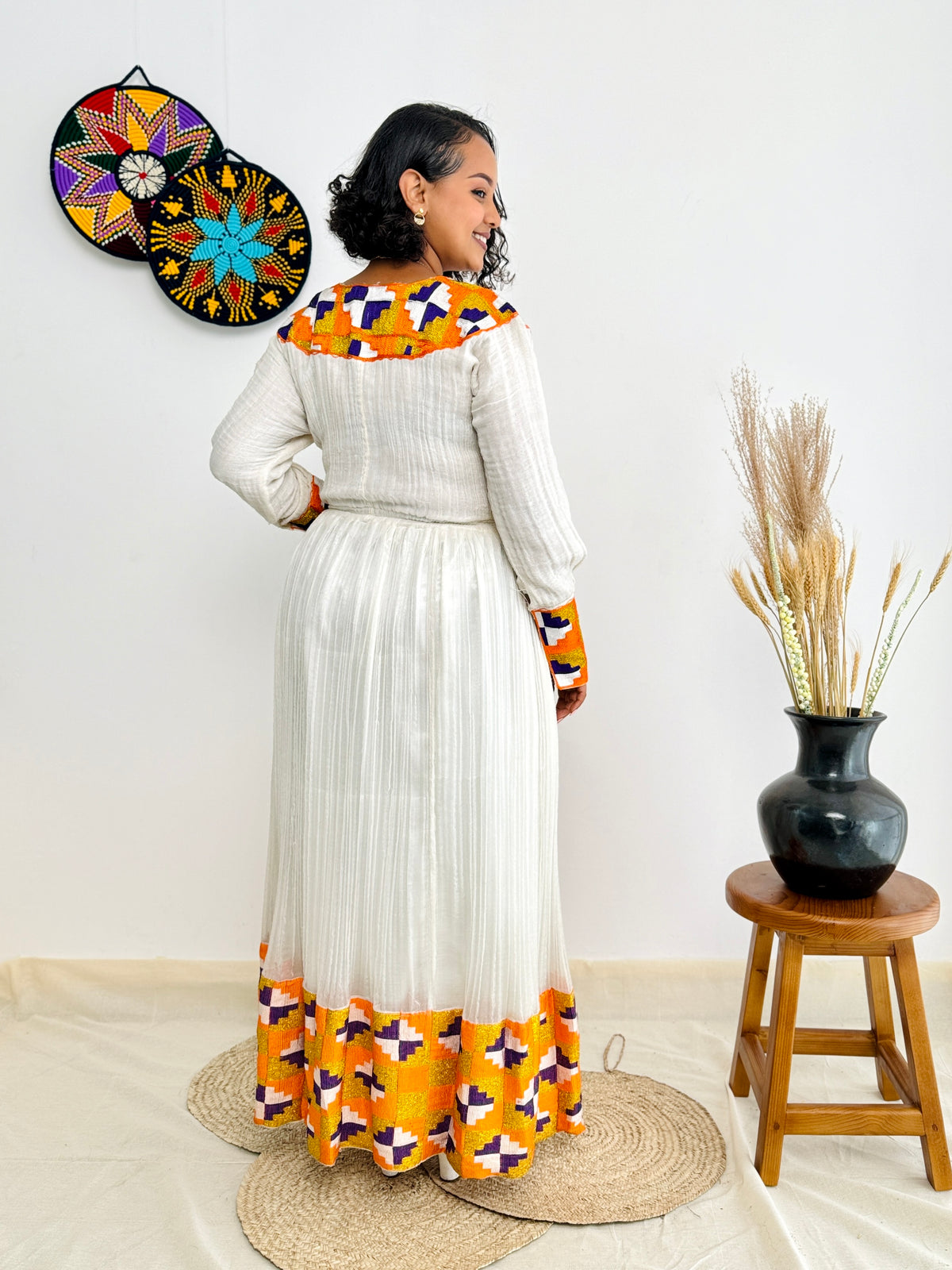 Orange Habesha Dress with Exquisite Patterns Hab07