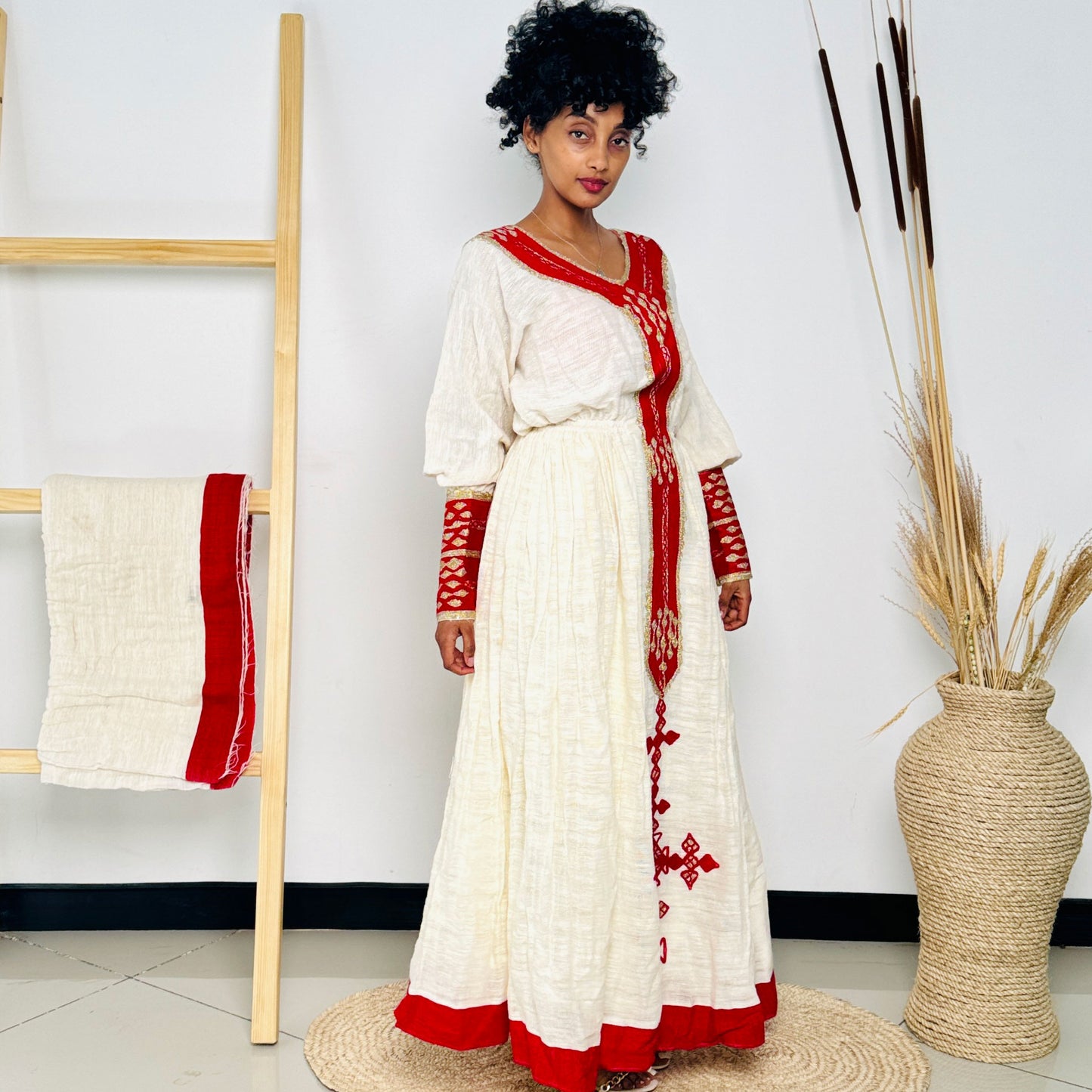 Habesha Dress | Red and Gold Full-Sleeve Embroidered Design | Perfect for Weddings and Festivals | Intricate Handwoven Patterns Hab60