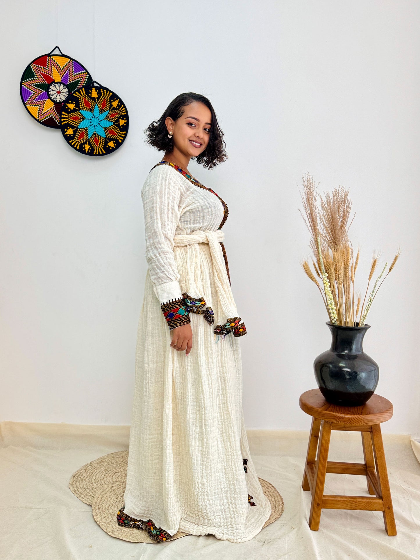 Habesha Dress | Colorful Embroidered Full-Sleeve Design | Special Occasion Wear | Black with Colorful Detailing Hab58