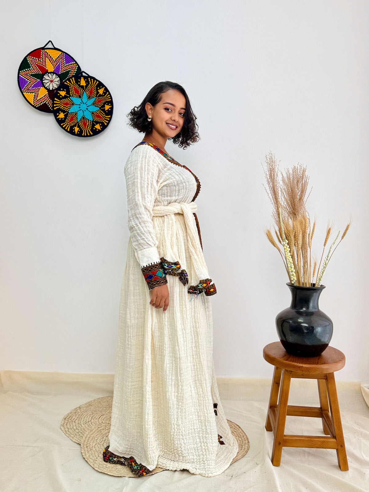 Habesha Dress | Colorful Embroidered Full-Sleeve Design | Special Occasion Wear | Black with Colorful Detailing Hab58