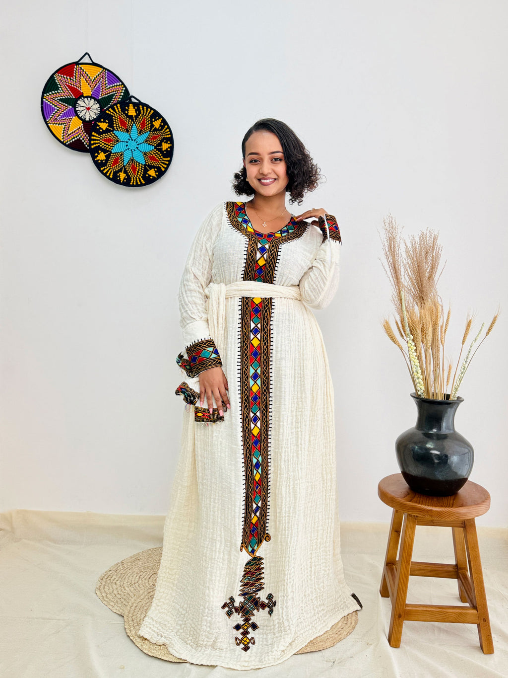 Habesha Dress | Colorful Embroidered Full-Sleeve Design | Special Occasion Wear | Black with Colorful Detailing Hab58