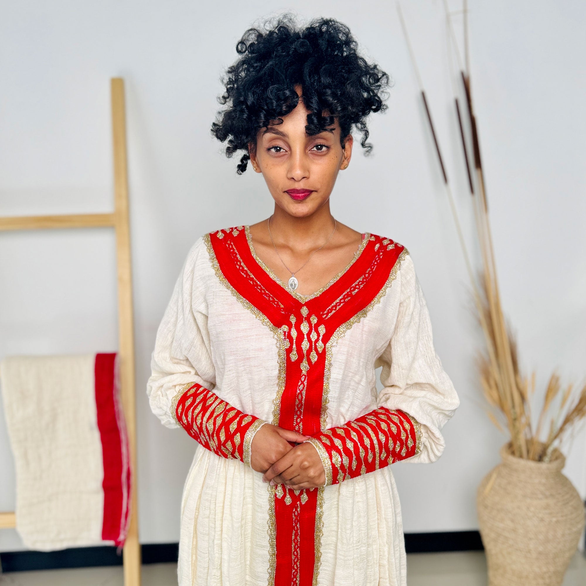 Habesha Dress | Red and Gold Full-Sleeve Embroidered Design | Perfect for Weddings and Festivals | Intricate Handwoven Patterns Hab60