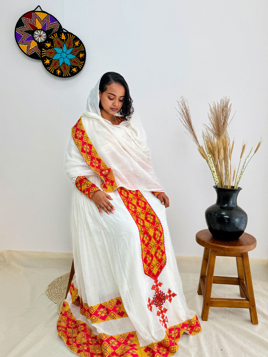 Red and Gold Habesha Dress with a Matching Scarf Hab38