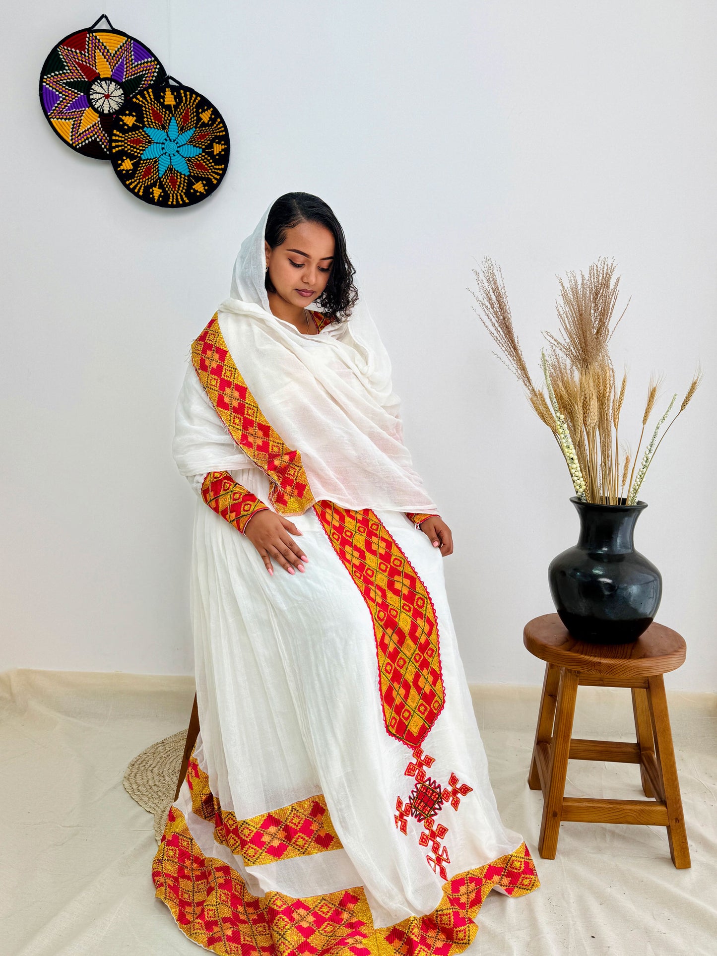 Red and Gold Habesha Dress with a Matching Scarf Hab38
