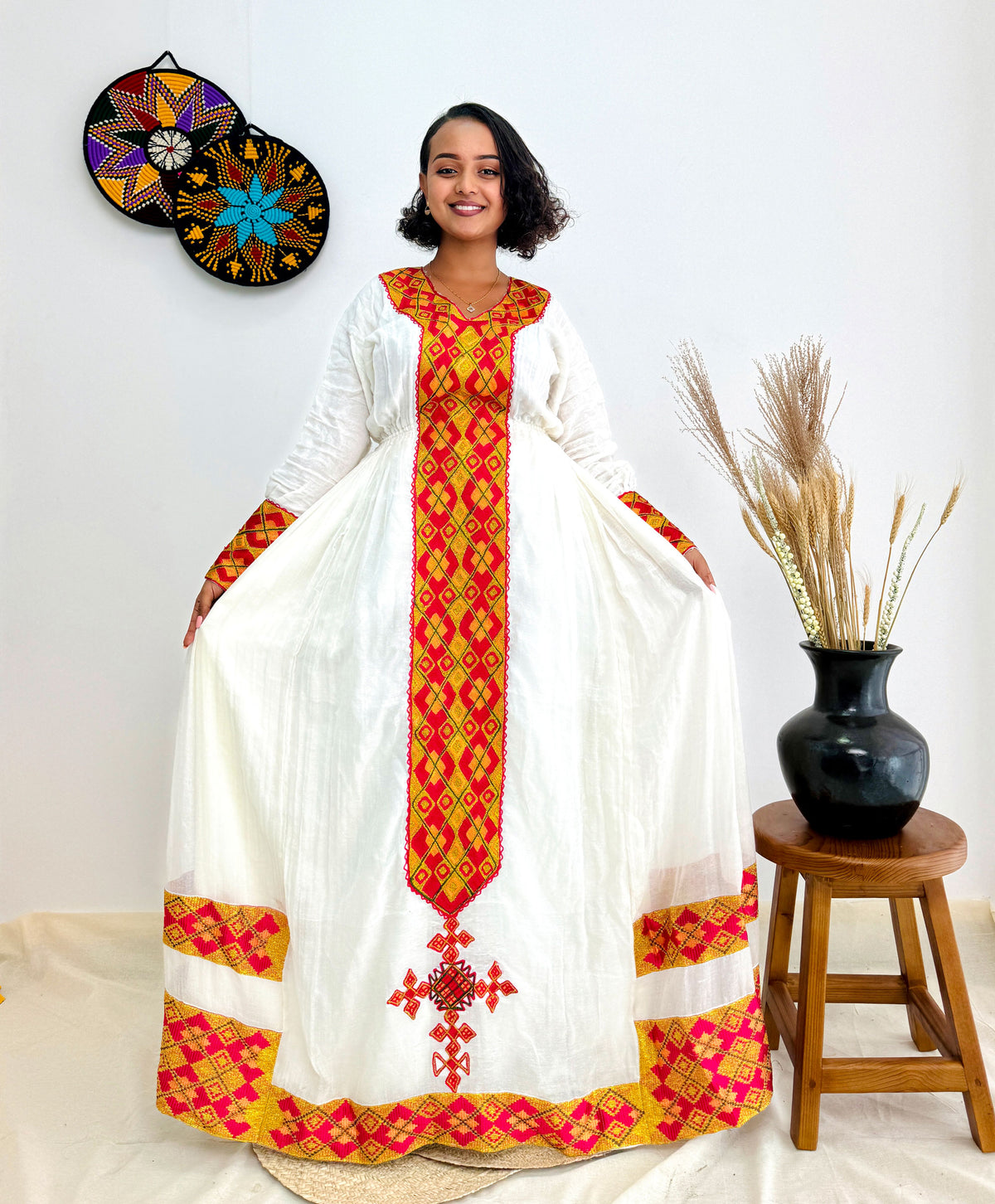 Red and Gold Habesha Dress with a Matching Scarf Hab38