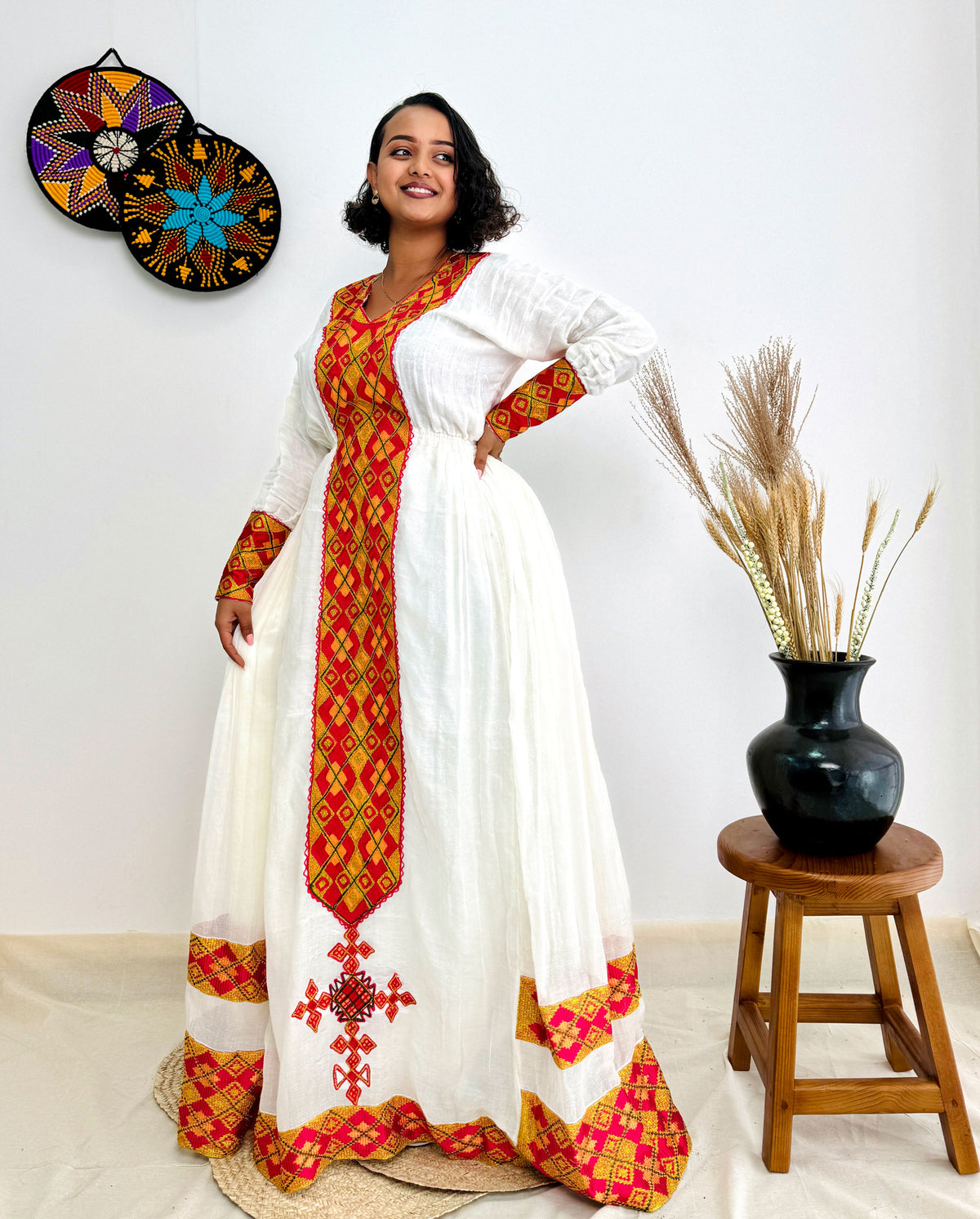 Red and Gold Habesha Dress with a Matching Scarf Hab38