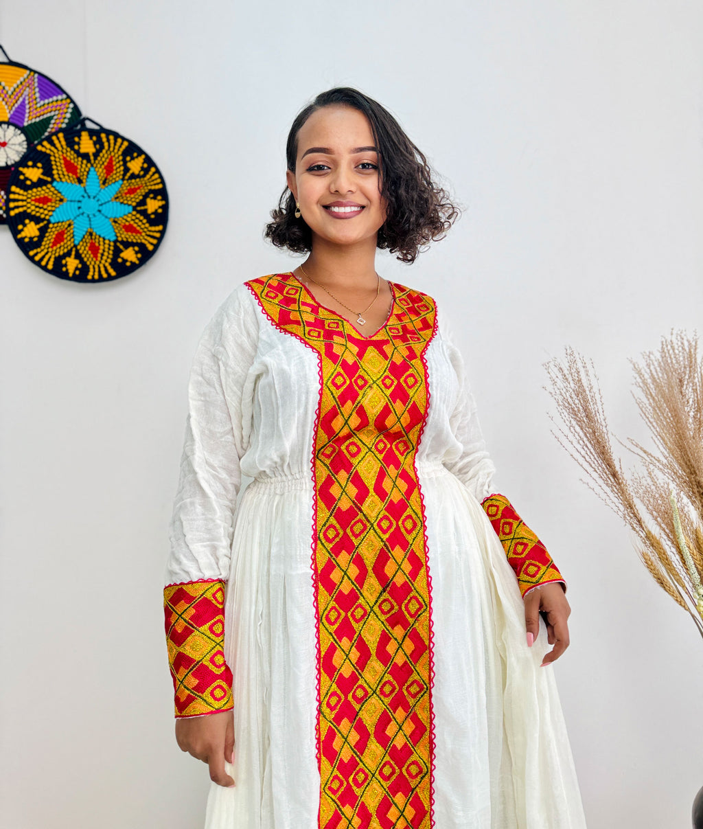Red and Gold Habesha Dress with a Matching Scarf Hab38