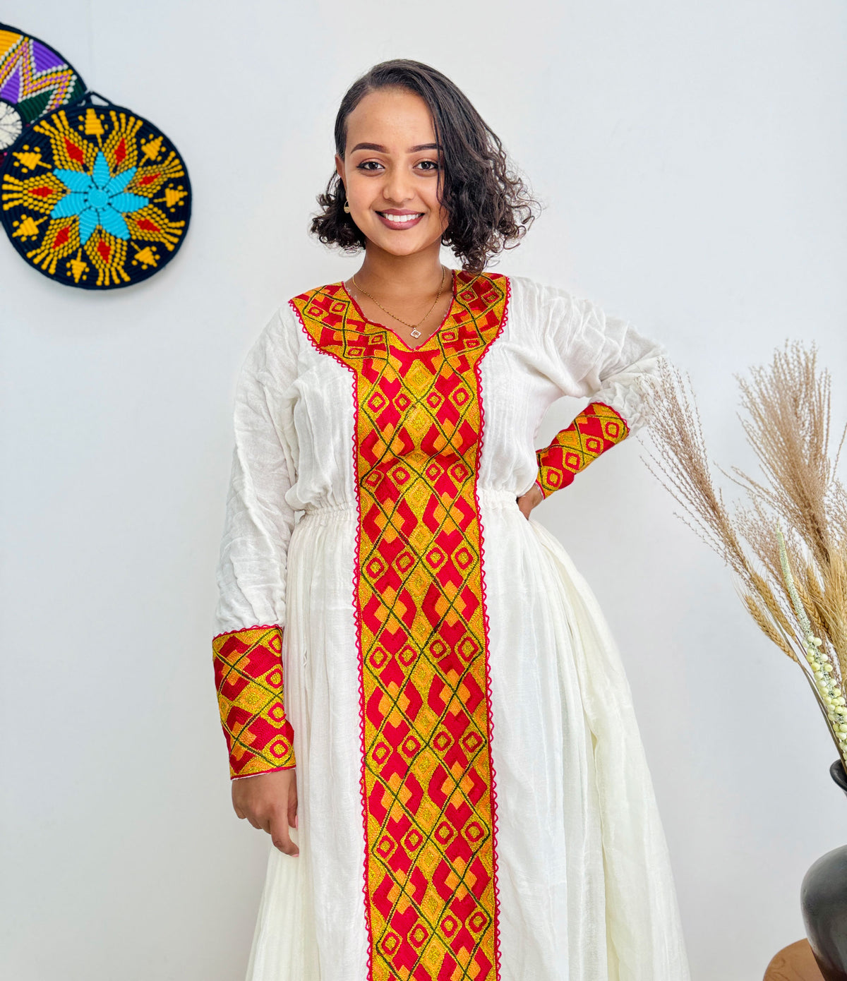 Red and Gold Habesha Dress with a Matching Scarf Hab38