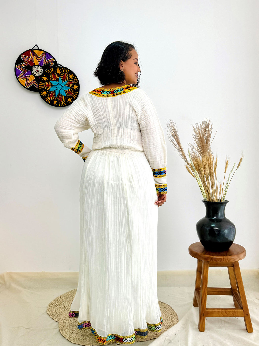 Handwoven Ethiopian Dress– White Cotton Dress with Colorful Traditional Tibeb Embroidery | Cultural & Elegant Wear for Special Occasions Hab187