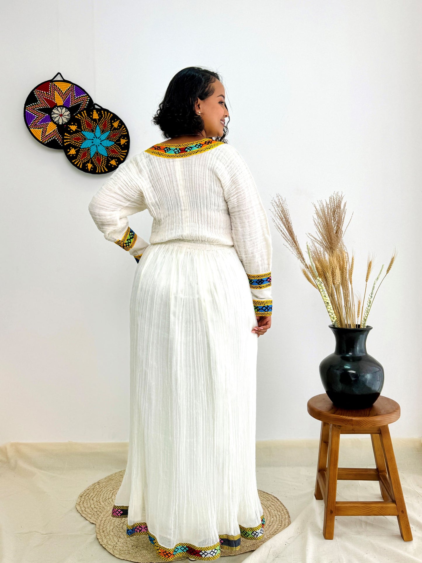 Handwoven Ethiopian Dress– White Cotton Dress with Colorful Traditional Tibeb Embroidery | Cultural & Elegant Wear for Special Occasions Hab187